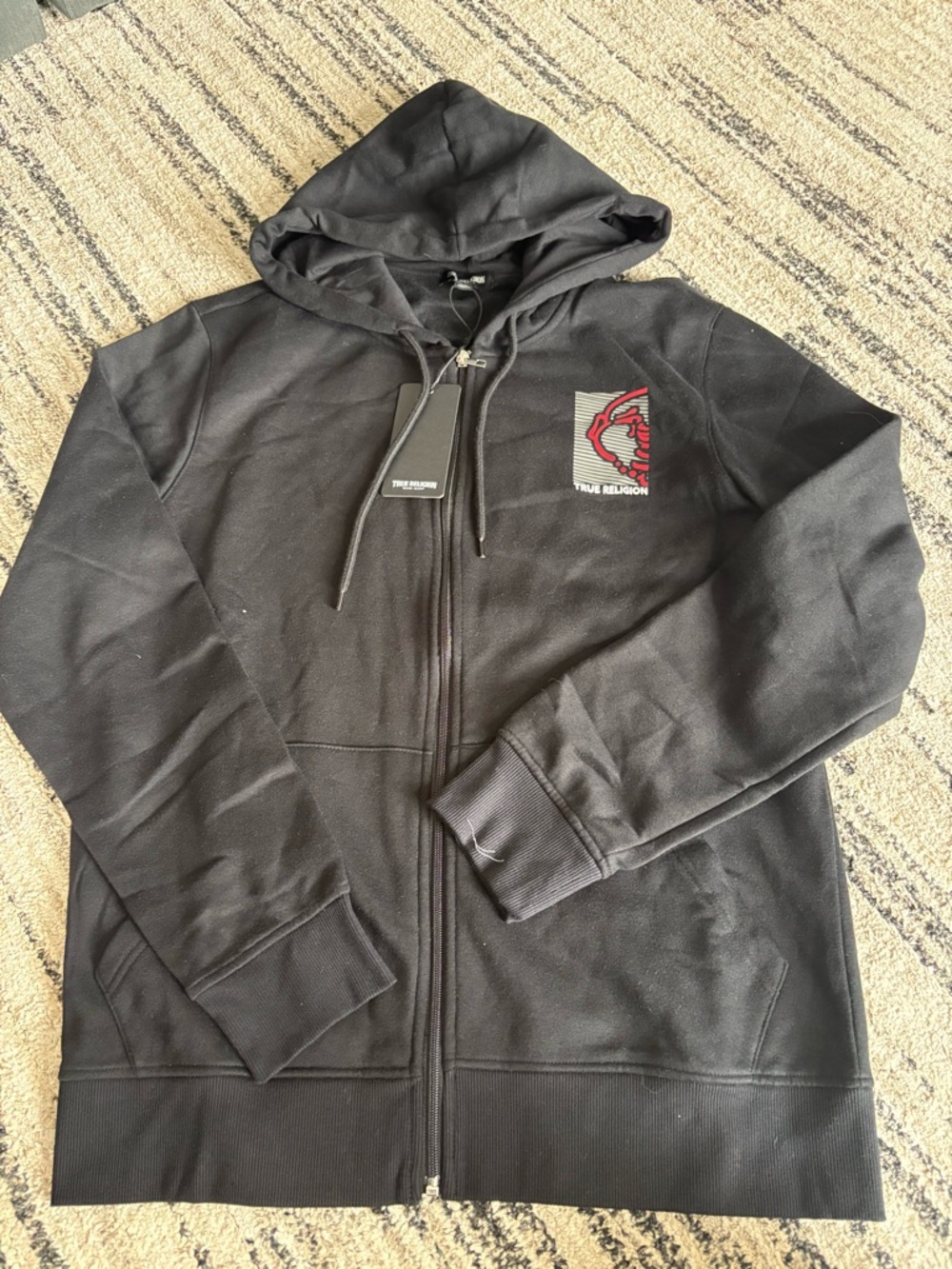 True Religion Black Zip-Up Hoodie with Red Logo‎ Patch